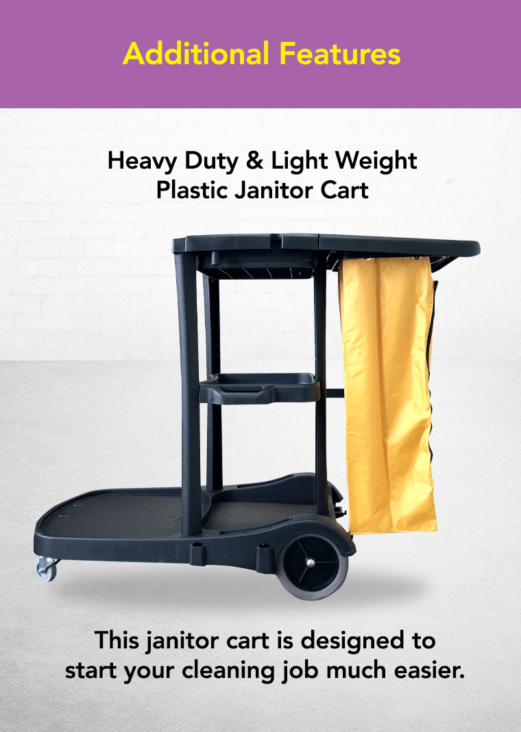 additional features, heavy duty light weight, plastic janitor cart.